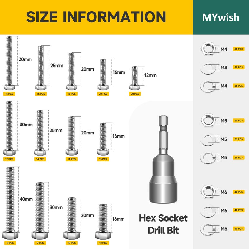 Mywish 719PCS M4 M5 M6 مجموعة بولت تشكيلة مترية 304 مجموعة صامولة ومسمار من الفولاذ المقاوم للصدأ مع غسالات مسطحة وزنبركية ومسامير غطاء رأس سداسية ومجموعة صواميل موضوع بالكامل - Image 2